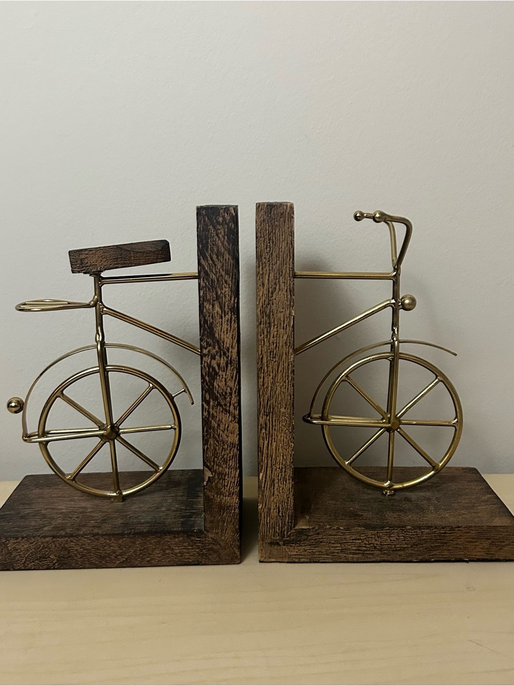 Metal Bicycle Bookends with Wood Bases - Brass Finish